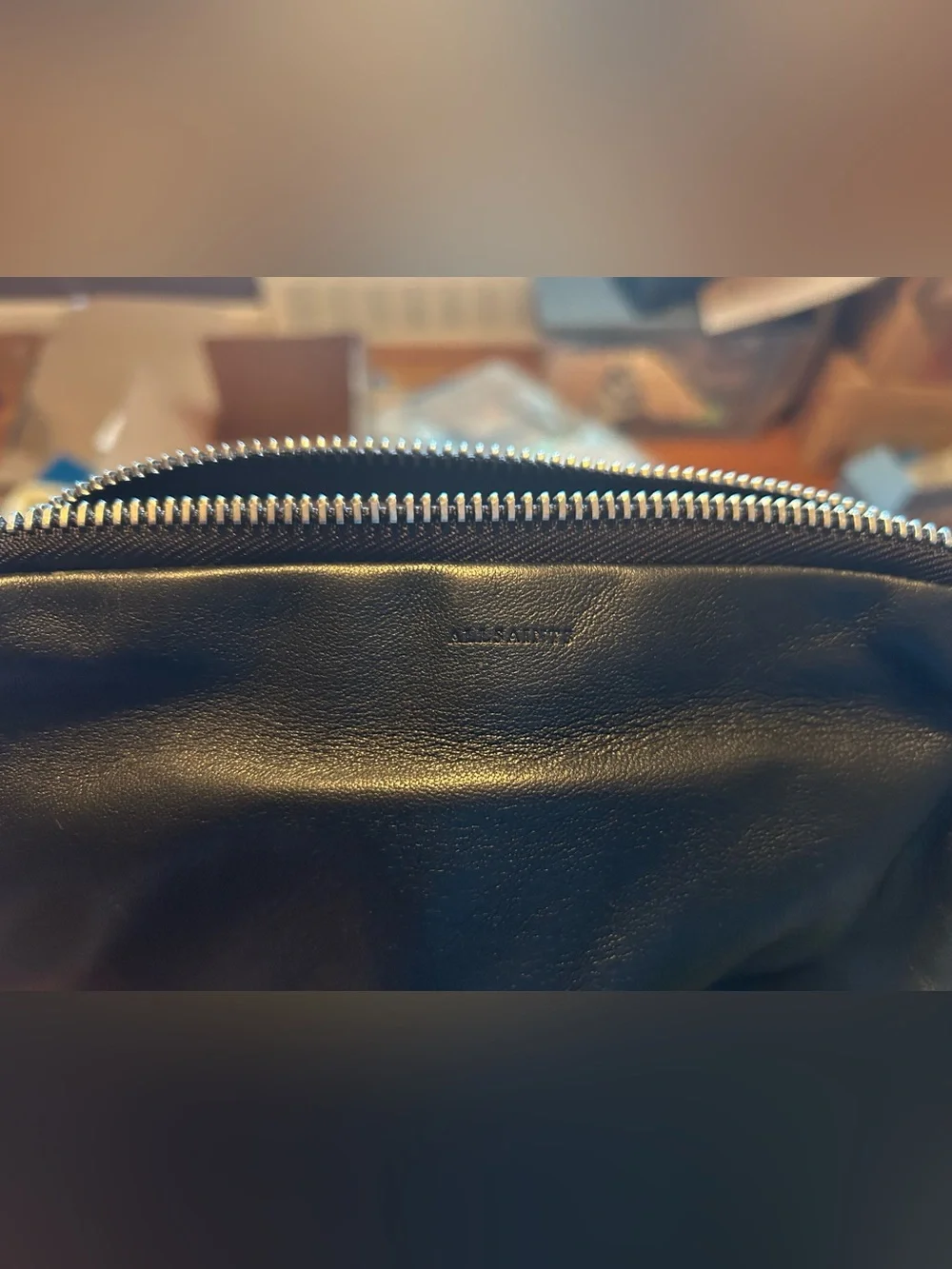 All Saints Black Leather Crossbody Bag with Silver Chain